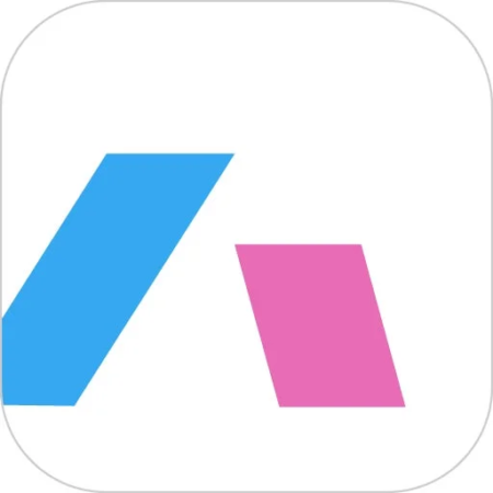 白い背景に、左側に青い平行四辺形、右側にピンクの平行四辺形が配置された抽象的なロゴまたはアプリアイコンです。全体的にシンプルでモダンなデザインが特徴です。