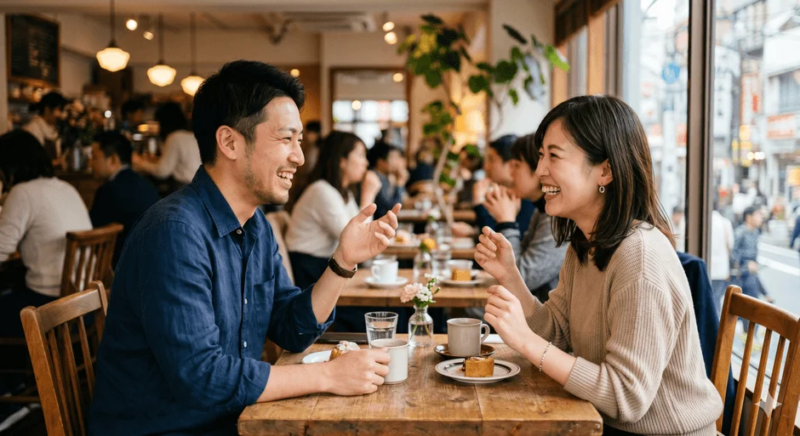 カフェで向かい合って座る男女が、笑顔で談笑している様子。テーブルにはコーヒーやケーキが置かれ、明るく和やかな雰囲気が伝わってきます。