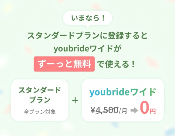 いまなら！スタンダードプランに登録するとyoubrideワイドがずーっと無料で使える！スタンダードプラン 全プラン対象 + youbrideワイド ¥4,500/月 → 0円
