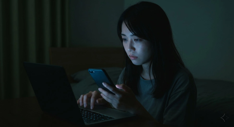 PCとスマホを操作する女性