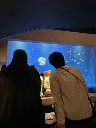 水槽の前で会話を楽しむ人々