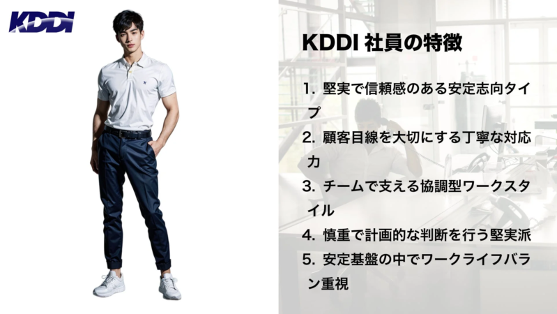 KDDIのロゴとKDDI社員の特徴