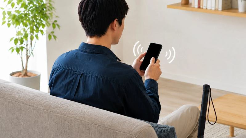 ソファでスマホを操作する男性と白杖