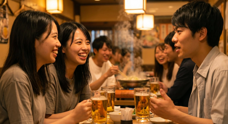 鍋を囲んで談笑する若者たち