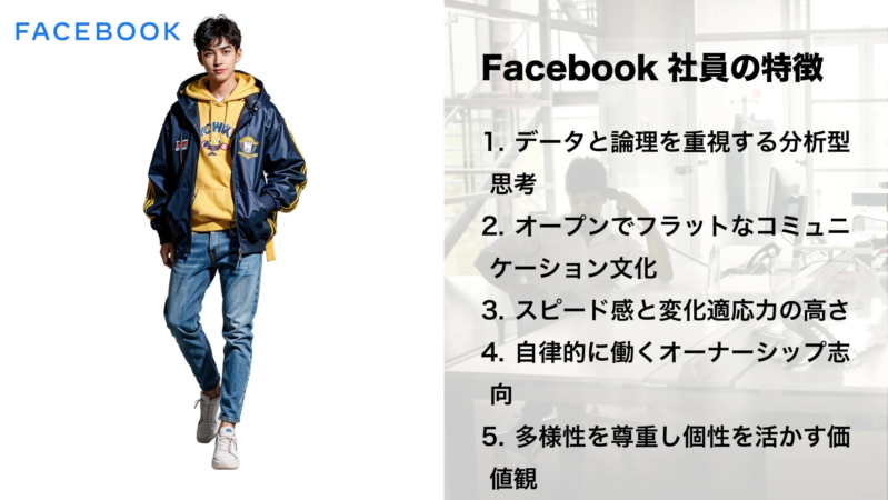 「Facebook 社員の特徴」と題されたスライドで、分析型思考、オープンなコミュニケーション、変化適応力、自律性、多様性を尊重する5つの特性が示されています。左にはカジュアルな服装の男性が立っています。