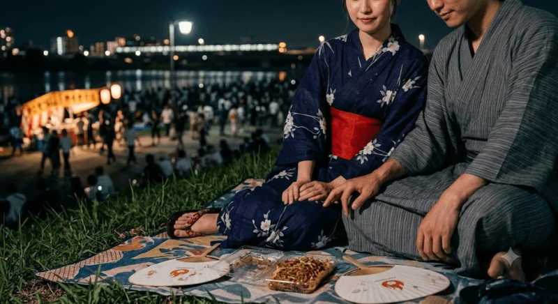 夜の川辺で浴衣姿のカップルが、賑やかな夏祭りの雰囲気の中、屋台の料理を楽しみながら過ごしている。背景には多くの人々と街の明かりが広がる、日本の夏の夕涼みの情景が描かれている。