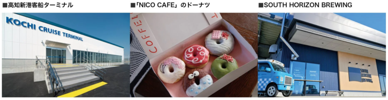 高知新港客船ターミナルの外観、NICO CAFEのドーナツ、SOUTH HORIZON BREWINGの建物とフードトラック