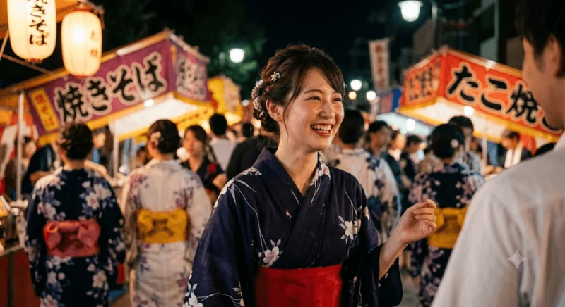 浴衣を着た女性が日本の夏祭りの屋台が並ぶ賑やかな通りで笑顔を見せています。提灯が灯り、焼きそばやたこ焼きの屋台が見え、多くの人々が祭りの雰囲気を楽しんでいます。
