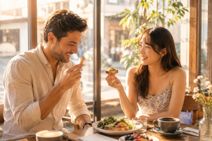 カフェで食事を楽しむ男女