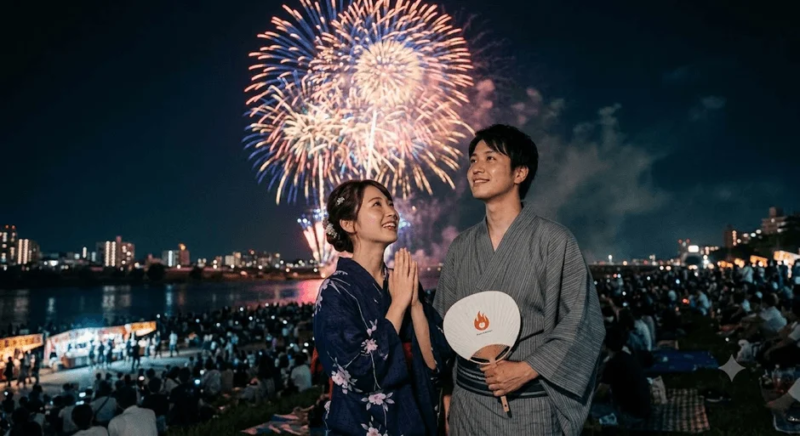夜空に打ち上げられた花火を見上げる浴衣姿の若いカップルが描かれています。川沿いには多くの観客が集まり、夏の風物詩である花火大会を楽しんでいる様子が伝わる、ロマンチックで賑やかな雰囲気の画像です。