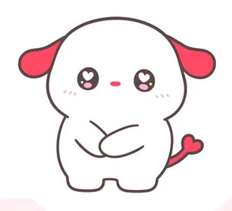ハートの目とピンクの耳を持つ白い子犬のようなキャラクター「ヨイ」のイラスト