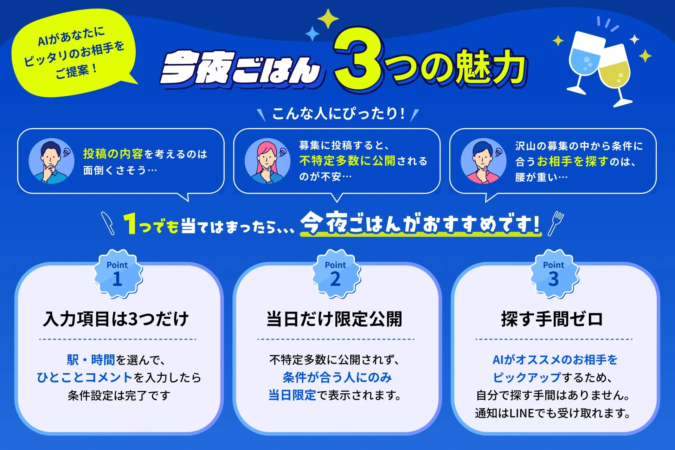 「今夜ごはん」サービスの3つの魅力を紹介する広告