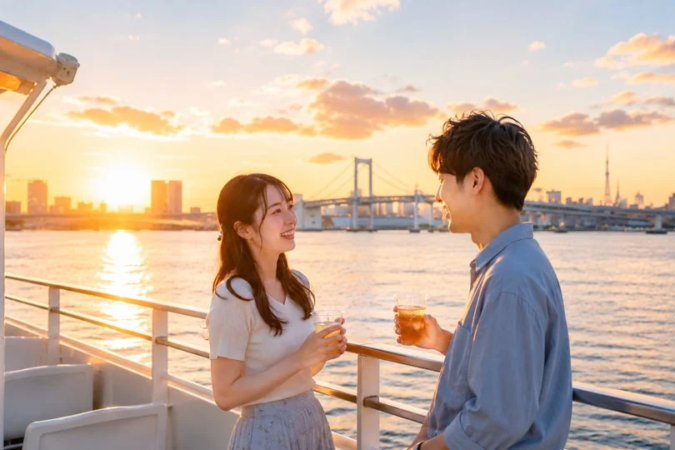夕焼けに染まる空の下、船上でドリンクを片手に笑顔で語り合うカップル