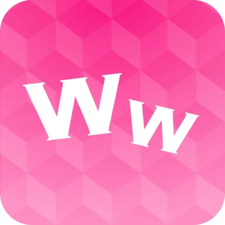 ピンク色の背景に立体的なキューブ模様が描かれた「Ww」のロゴ