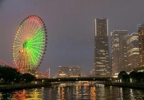 夜の都市景観で、色鮮やかにライトアップされた観覧車と高層ビル群が川面に映り込んでいます